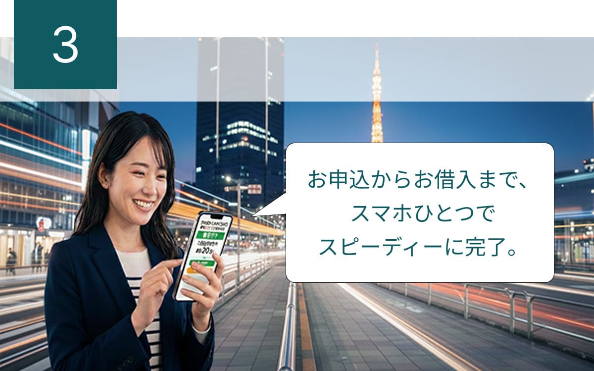 メリット3：お申し込みからお借入まで、スマホひとつでスピーディーに完了。