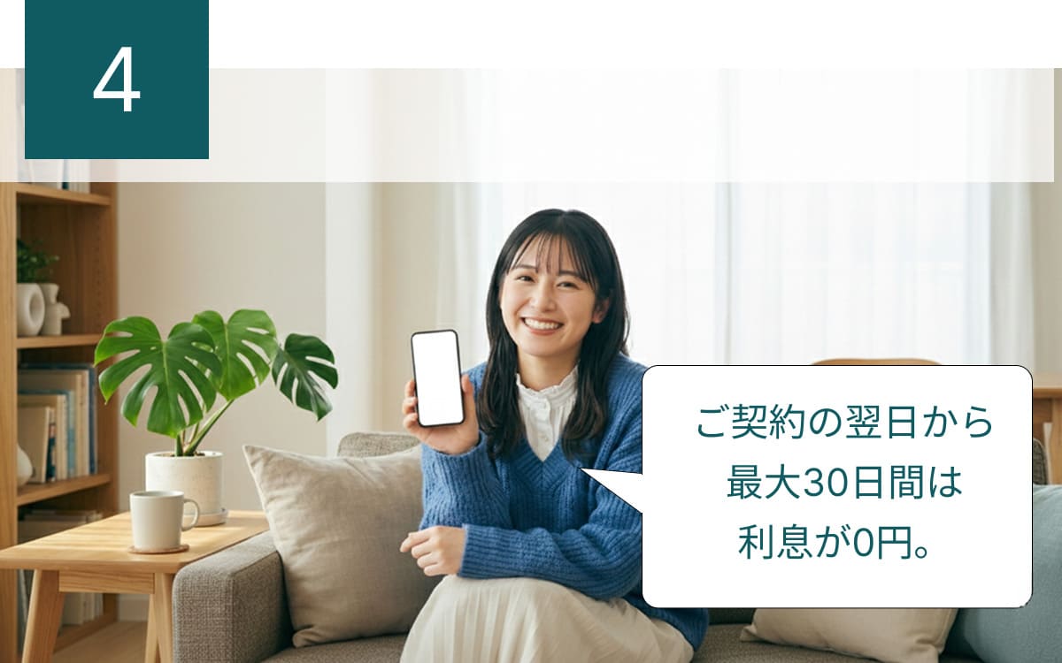 メリット4：ご契約の翌日から最大30日間は利息が0円。