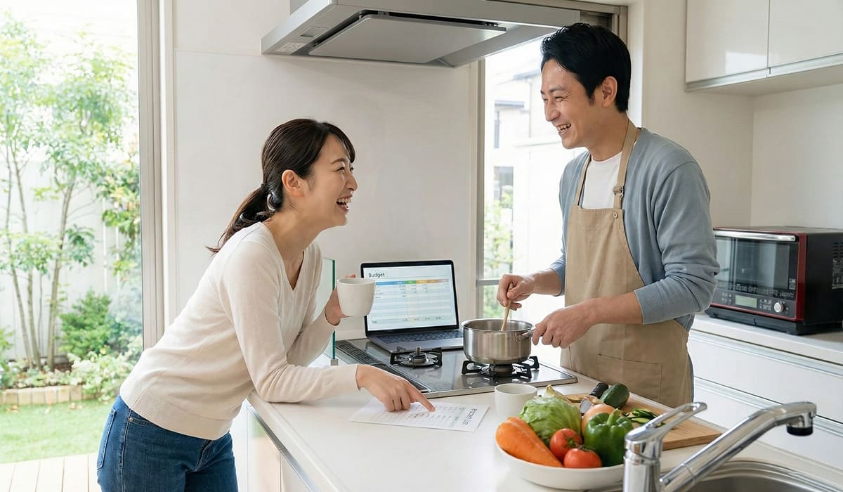 キッチンで笑顔で話す夫婦